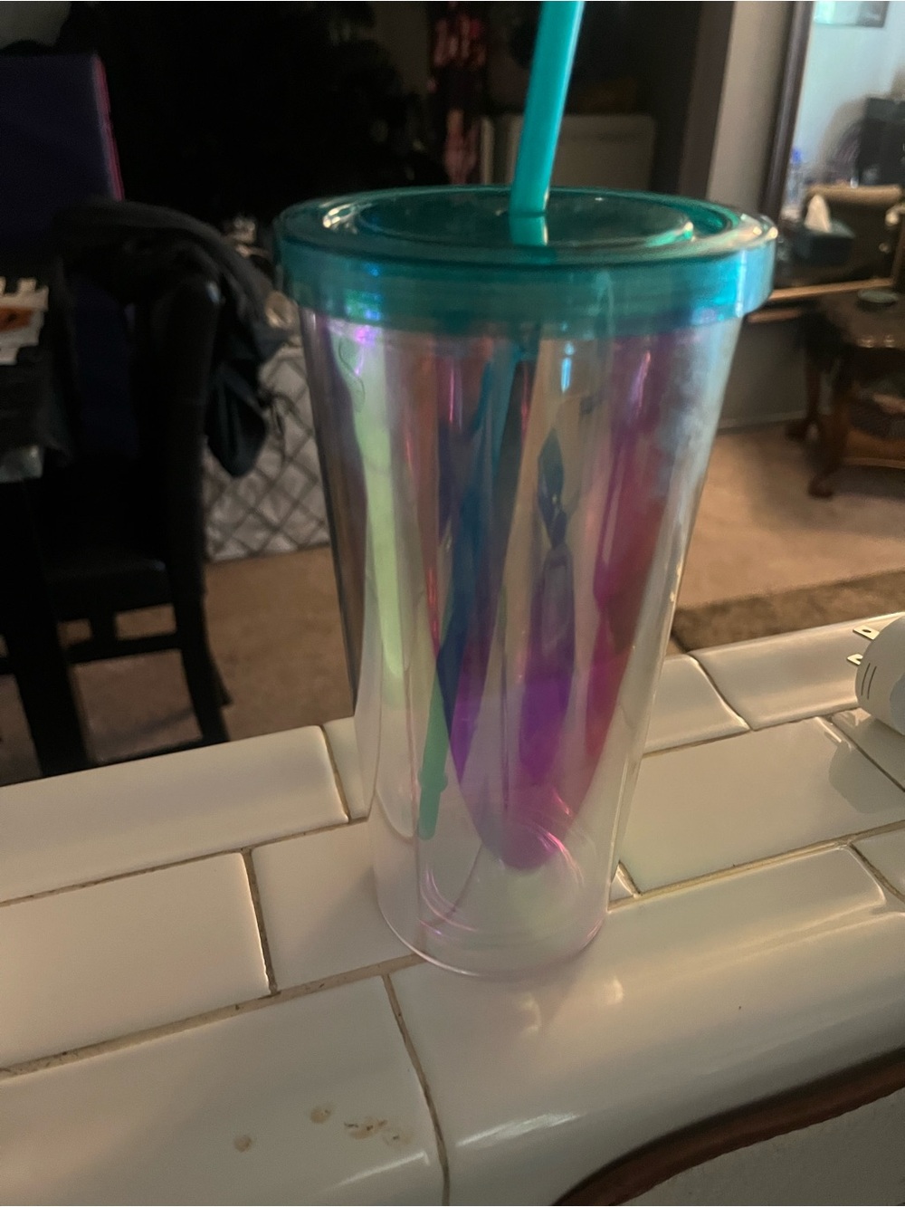 Iridescent Teal Lid Tumbler with Straw - Home Party Supplies